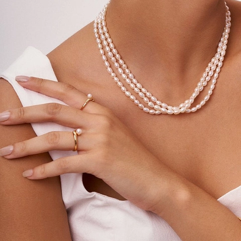 Bague Ouverte en Acier Inoxydable avec Perle Artificielle Vague Irrégulière Double Couche Ajustable Géométrique Or pour Femme Bijoux