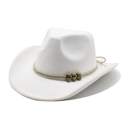 Western Cowboy Hat Woolen Felt Ethnic Retro Wide Brim Fedora With Braided Rope Metal Beads For Unisex