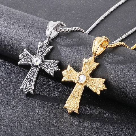 Gothic Cross Pendant Necklace Stainless Steel With Rhinestone Punk Vintage Carved Jewelry For Men