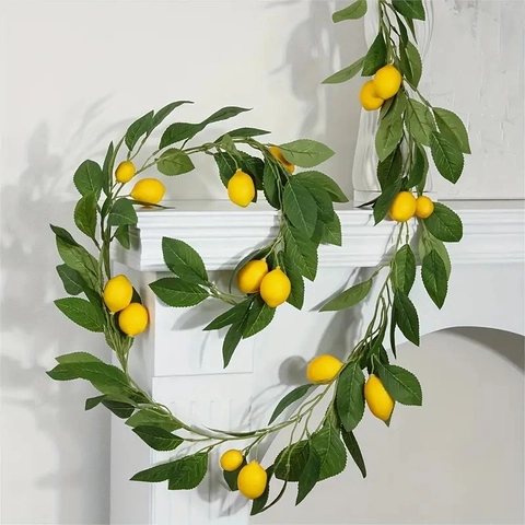 Artificial Lemon Garland Plastic Fake Fruit Vine Greenery Leaves Mantle Table Decoration Fresh Home Decor