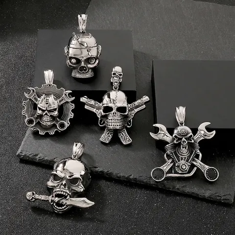 Skull Pendant Necklace Stainless Steel Gothic Punk Biker Mechanical Double Gun Wrench Dagger Design For Men