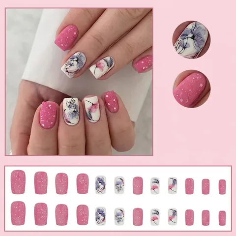 Unghie Finte In Plastica Opaca Rosa Bianco Motivo Floreale Glitter Unghie Artificiali Stile Dolce Per Donne
