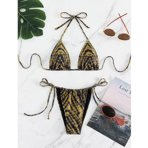 Bikini Da Donna Con Stampa Leopardata Top A Triangolo Con Allacciatura Al Collo E Slip Con Laccetti