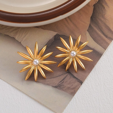 Vintage Elegant Copper Flower Stud Earrings With 925 Sterling Silver Earring Post Gold Sunflower Artificial Pearl Jewelry