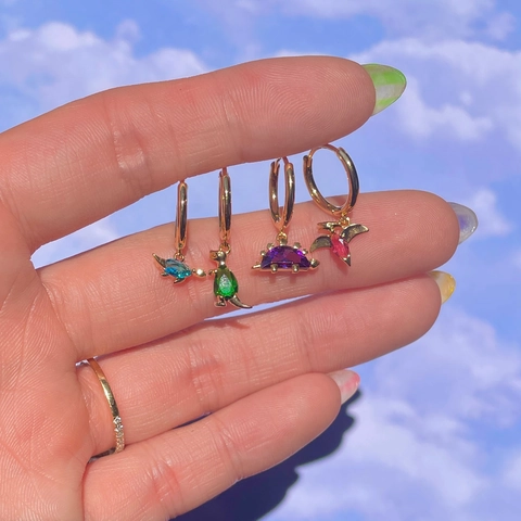 Western Style Small Dinosaur Animal Hoop Earrings Copper Zirconia Inlaid Colorful Stone Dangle Earrings Fashion Jewelry For Women