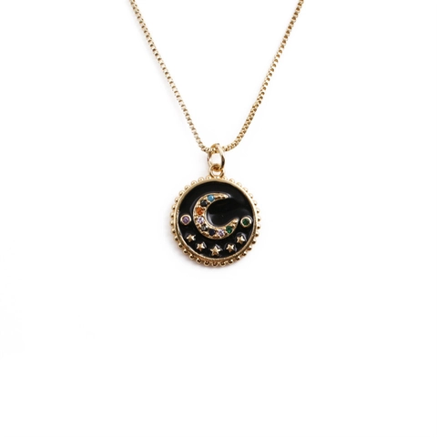 Collier En Cuivre Et Émail Pour Femme Avec Pendentif Lune Étoile En Zircon Coloré Médaillon Rond Bijoux