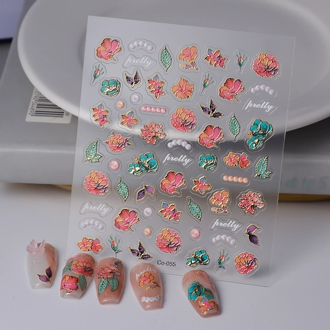 Autocollants Pour Ongles En Relief Floraux Pivoines Fleurs Feuilles Avec Bordure Dorée Et Décor De Künstliche Perles Manucure DIY