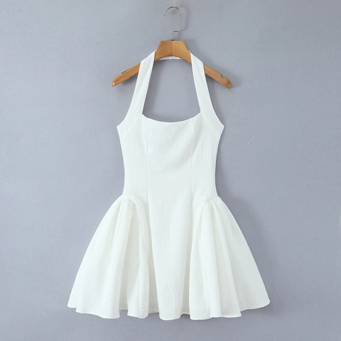 Witte Halter Mini Jurk Voor Dames Rugloos Slanke Uitlopende Zoom Getextureerde Jacquard Sexy Elegant Zomerfeest Mouwloos
