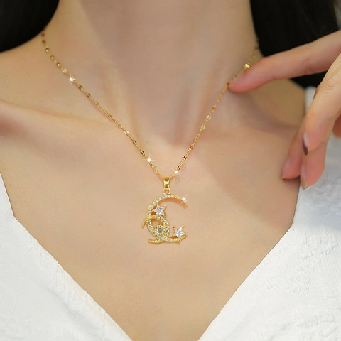 Collier Pendentif Croissant De Lune Et Étoile Acier Inoxydable Cuivre Plqué Or Chaîne Zircon Élégant Pour Femmes