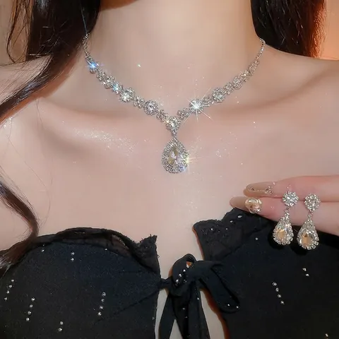 Collana Fiore Orecchini Bracciale Anello Perno Argento 925 Lega Strass Goccia Acqua Forma Pera Design Royal