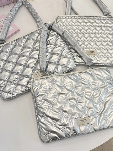 Housse Pour Ordinateur Portable En Cuir PU Matelassé Métallique Noeud Coeur Pochette Rembourrée Avec Poignée