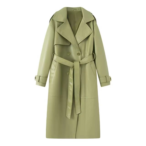 Trench-Coat Long En Similicuir Pour Femme Double Boutonnage Avec Ceinture Col Revers Veste PU Mode