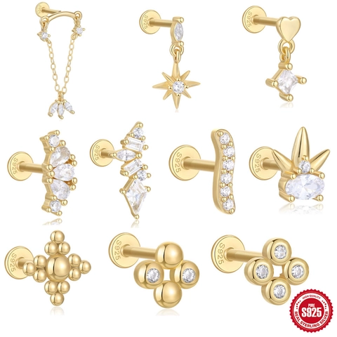 S925 Sterling Zilveren Piercing Stud Oorbel Voor Kraakbeen Labret Met Zirkonia Inlay Hart Ster Bloem Vormen Mode