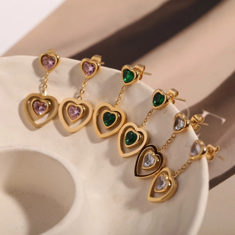 Stainless Steel Heart Drop Earrings Gold Plated Hollow Double Layer Zircon Sweet Elegant Luxury Jewelry For Women