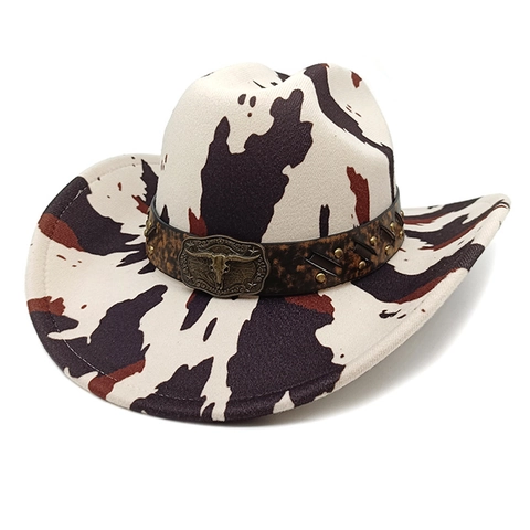Chapeau De Cowboy Western Imprimé Vache Léopard Large Bord Polyester Feutre Avec Bande Rivet Tête De Taureau Vintage Mode
