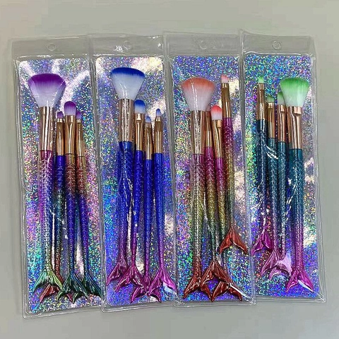 Mermaid Tail Handle Makeup Brushes Gradient Electroplated Plastic Nylon Soft Bristle Cosmetic Tools Glitter Storage Bag