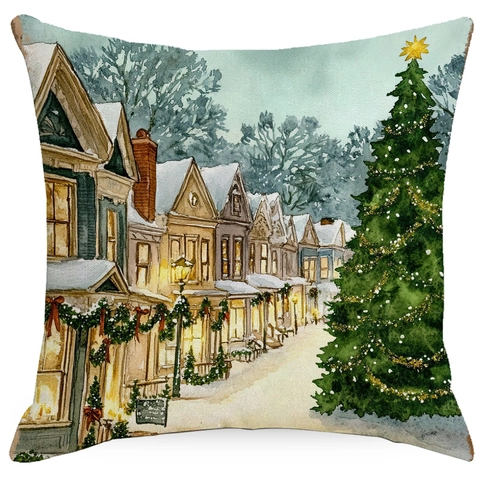 Weihnachtskissenbezug Leinen Aquarell Waldgrün Schneemann Illustration Für Sofa Couch Urlaub Home Dekor