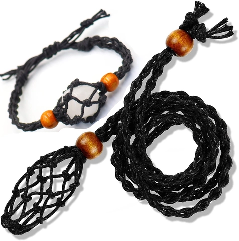 Collar Pulsera De Soporte De Piedra De Cristal Tejido A Mano Cordón Colgante Bolsa De Red Ajustable Joyería Retro Con Madera