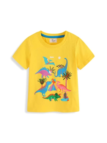 Boys Summer Short Sleeve T-Shirt Cotton Breathable Cartoon Dinosaur Print Yellow Casual Kids Round Neck Top