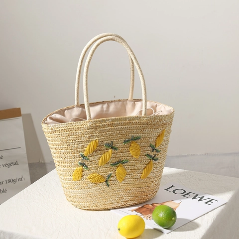Bolso Tote De Paja Bordado De Limón Mujeres Gran Capacidad Vacaciones De Verano En La Playa Bolso Tejido Forro Con Cordón