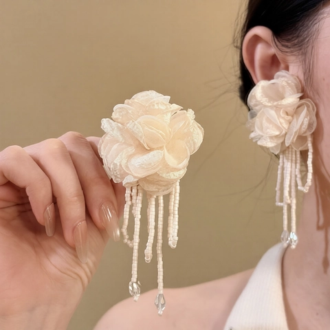 Eleganti Orecchini Pendenti Con Fiori In Tessuto Nappe Perline Di Cristallo E Perno In Argento Gioielli Romantici