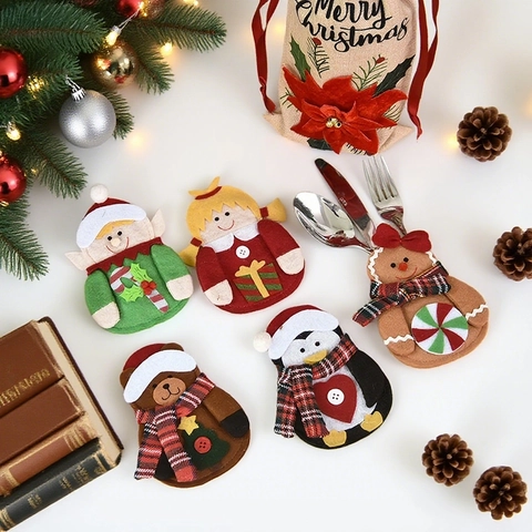 Porte Couverts De Noël Personnage En Feutre Père Noël Renne Bonhomme De Neige Pochette Décoration Table