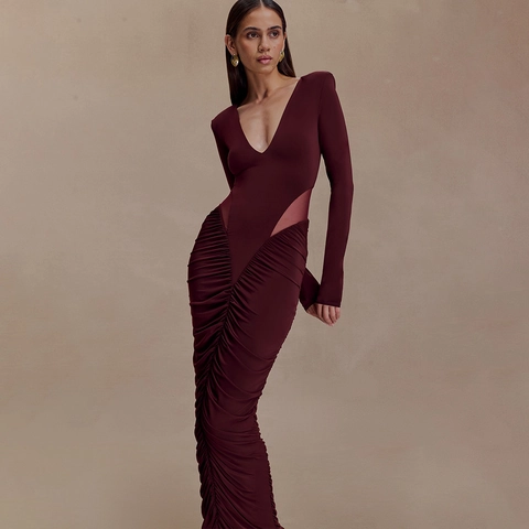 Sexy Dames Maxi Jurk V Hals Lange Mouwen Ruched Mesh Patchwork Slim Fit Bodycon Avondfeest Lange Jurk