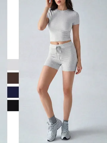 Damen Zweiteiler Yoga Sport Set Kurzarm Oberteil Und Kordelzug Shorts Gerippt Gestrickt Casual Sommer Outfits