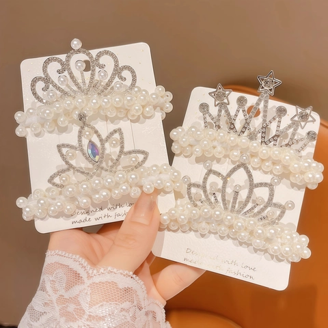 Kids Hair Ties Princess Crown Faux Artificial Pearl Rhinestone Elastic Hair Rings For Girls Party Hair Accessories