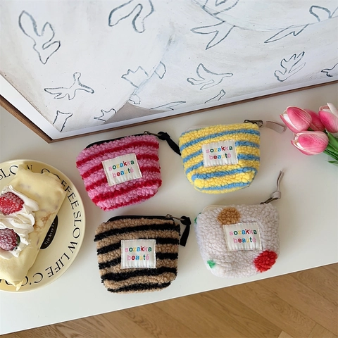 Mini Plush Cosmetic Bag Small Makeup Pouch Portable Zipper Coin Purse For Lipstick Earphones Knitted Stripe Cow Pattern