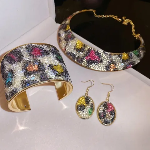 Luxury Leopard Print Jewelry Multicolor Rhinestone Gold Alloy Choker Necklace Wide Cuff Bracelet Oval Earrings Women