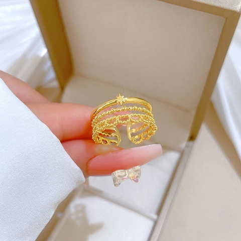 Mehrlagiger Gold Vergoldeter Messing Ring Verstellbar Mit Nordstern Element Minimalistischer Stil Für Damen