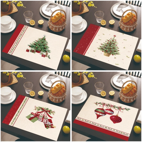Weihnachtstischsets Leinen Hitzebeständig Feiertagsdekoration Festlicher Baum Schneemann Muster Rechteckig