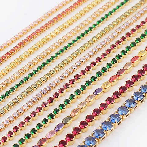 Colorful Zircon Tennis Necklace And Bracelet For Women Copper 18K Gold Plated Adjustable Sliding Chain Retro Elegant Jewelry