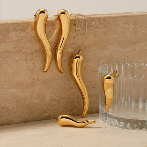 Collana Con Pendente Peperoncino E Orecchini In Acciaio Inossidabile Cornicello Minimalista Lucidato Accessorio Donna
