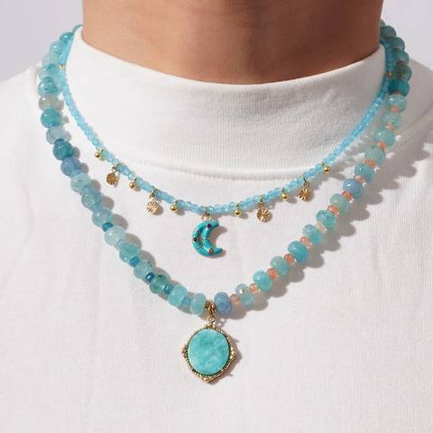 Boheems Geparelde Hanger Halsketting Voor Dames Titaniumstaal Natuursteen Maan Ovale Charm Gelaagde Mode Sieraden