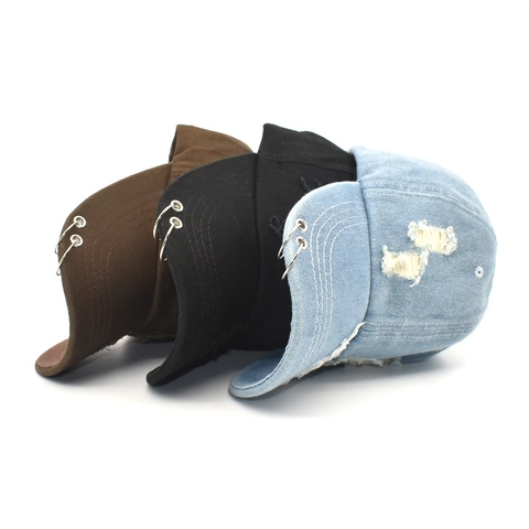 Casquette De Baseball En Denim De Coton Vieilli Avec Anneau En Fer Troué Streetwear Chapeau De Soleil Réglable Hommes Femmes