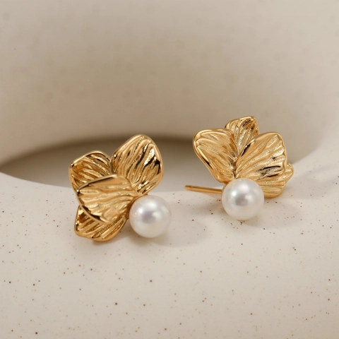 Orecchini A Lobo Fiori E Künstliche Perle Acciaio Inossidabile 316 Placcato Oro PVD Ipoallergenico Impermeabile Stile Vintage Francese