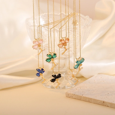 Bloem Hanger Ketting Koper Roestvrij Staal Rhinestone Glas Elegant Drie Bloemblaadjes Sieraden Dames INS Trendy Accessoire