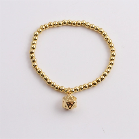 Copper Gold Plated Beaded Bracelet With Polyhedral Dice Pendant And Imitation Artificial Pearls For Women Stretch Trend