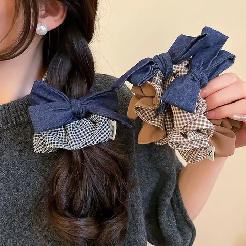 Elastico Per Capelli Con Fiocco E Fermaglio Tessuto A Quadri Denim Elastico Con Orsetto Di Peluche Retro