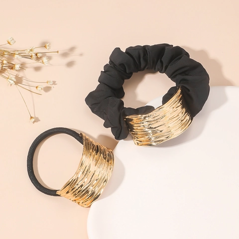 Elastici Per Capelli Eleganti Donna Lega Decoro Metallo Ondulato Oro Scrunchie Tessuto Nero Corda Capelli Elastica Moda