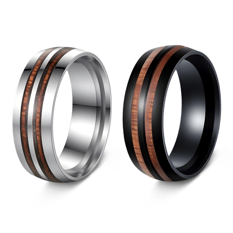 Herren Ring Edelstahl Mit Holzmaserung Inlay Hochglanzpoliert Mode Schmuck Für Männer Komfort Passform