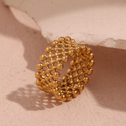 Stainless Steel Small Bead Mesh Cross Ring For Women Minimalist 18K Gold Plated Openwork Geometric Finger Ring Fashion Jewelry