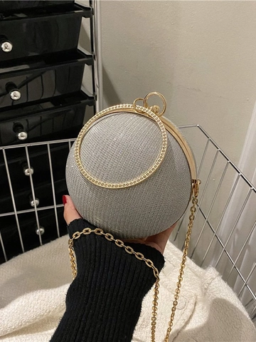 Borsa Da Sera Sferica Clutch Glitter Con Manico Ad Anello In Metallo Con Strass E Tracolla A Catena Per Festa Da Donna
