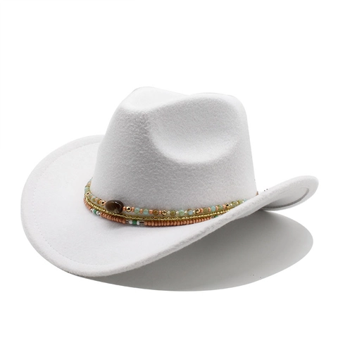 Chapeau De Cow-Boy Western En Feutre De Laine À Bord Large Bande Perlée Ethnique Style Bohème Rétro Fedora Pour Hommes Femmes