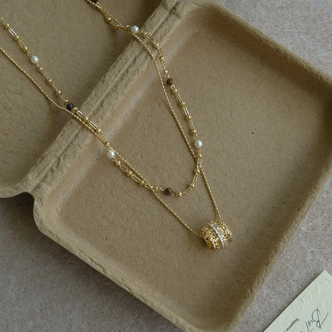 Collar De Doble Capa Aleación Perla Artificial Circón Piedra Ojo De Tigre Estilo Corte Francés Retro Joyería De Cadena De Clavícula Para Mujeres