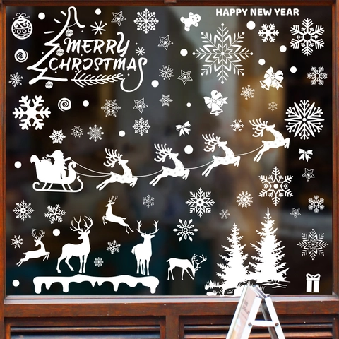 Pegatinas Ventana Navidad PVC Estáticas Reutilizables Copos Nieve Reno Papá Noel Decoraciones Cristal Blanco Adornos Navideños