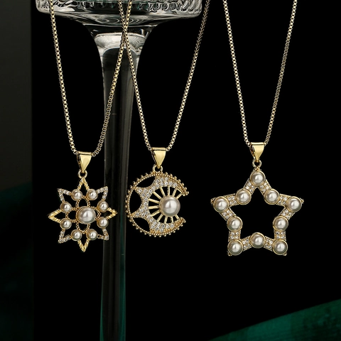 Elegant Pendant Necklace Gold Plated Copper Inlaid Artificial Pearl Zircon Star Moon Sun Geometric Jewelry Gift For Women Girls New