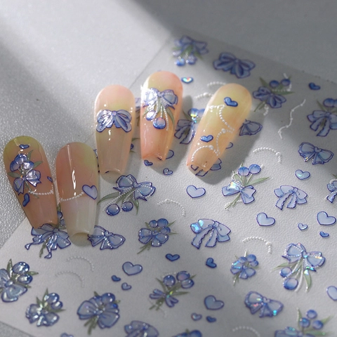 Pegatinas Arte De Uñas Relieve Láser Holográfico Lazo Corazón Perla Artificial Auto Adhesivo Ultra Delgado Manicura DIY Decoración